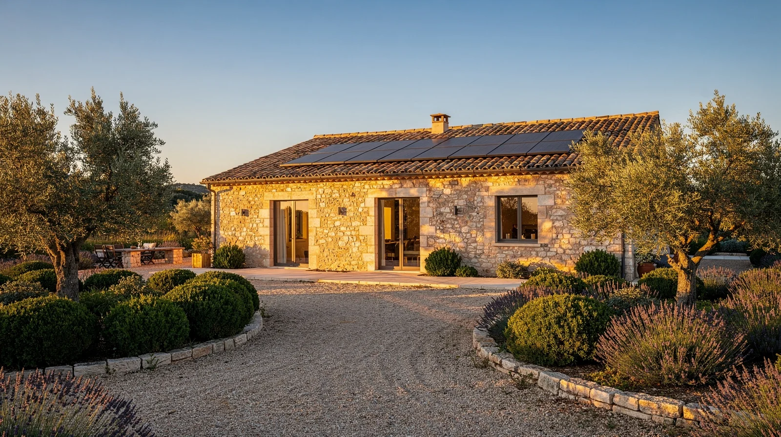 Maison provençale rénovée avec panneaux solaires au coucher du soleil