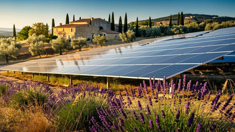Panneaux solaires en Provence sous un ciel bleu, symbolisant leur efficacité et promesse énergétique