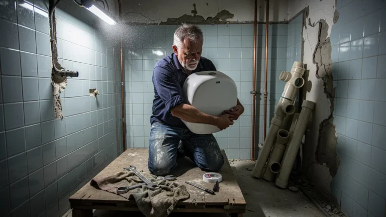 Plombier expérimenté posant seul des sanitaires dans une salle de bain en rénovation