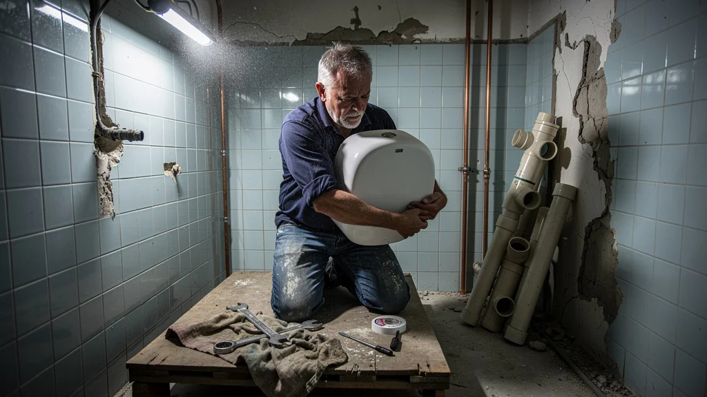 Plombier expérimenté posant seul des sanitaires dans une salle de bain en rénovation