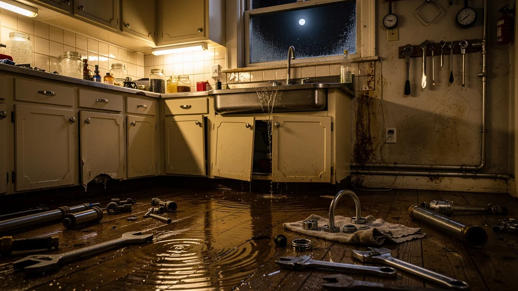 Cuisine inondée de nuit après une fuite, ambiance humide et réparations en cours, plomberie vieillissante