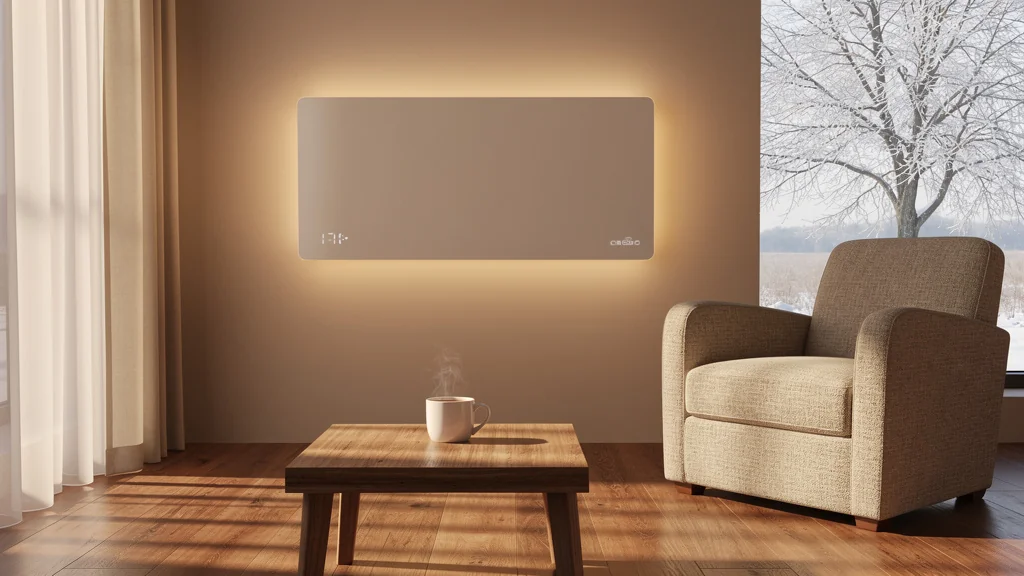 Chauffage électrique moderne et efficace dans un salon chaleureux, défiant sa mauvaise réputation