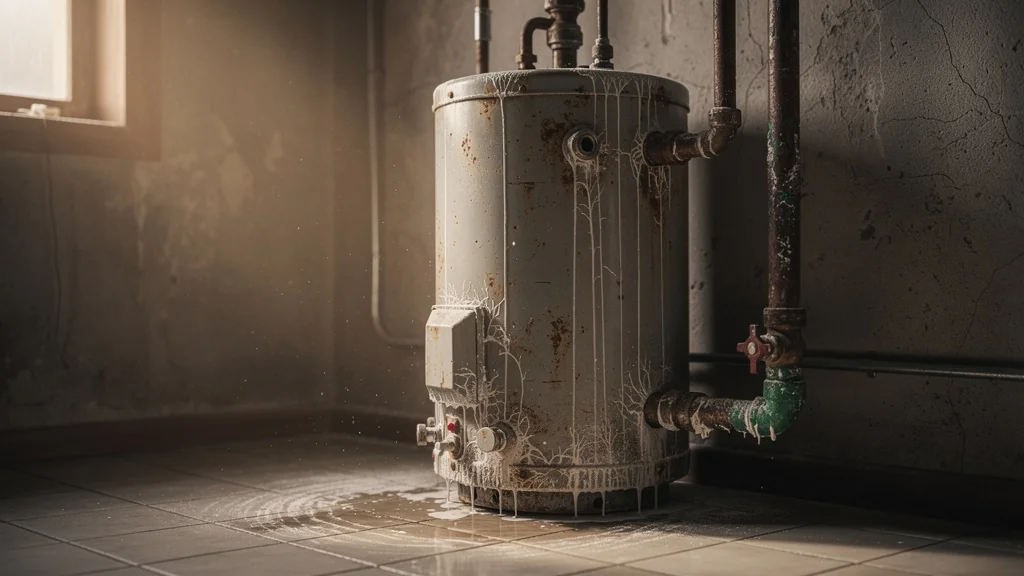 Intérieur réaliste d’un chauffe-eau entartré silencieusement avec détails calcaires visibles