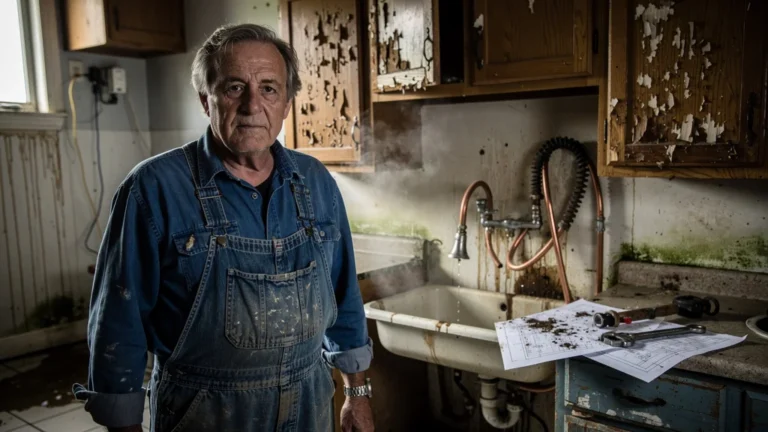 Plombier âgé devant une cuisine rénovée avec dégâts d'eau et erreurs de plomberie visibles
