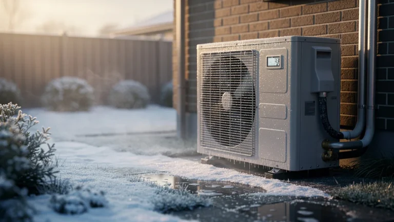 Pompe à chaleur air-eau extérieure après trois hivers, installation robuste et résiliente en plein air