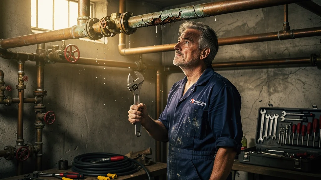 Portrait hyperréaliste d'un plombier expérimenté détectant une fuite imminente dans des tuyaux anciens