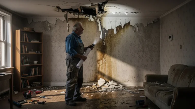 Dégât de plafond causé par une fuite d'eau non coupée à temps, illustration réaliste de dégâts domestiques