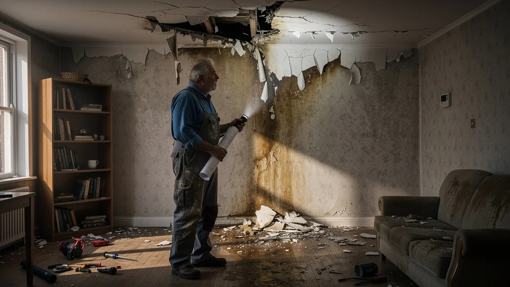 Dégât de plafond causé par une fuite d'eau non coupée à temps, illustration réaliste de dégâts domestiques