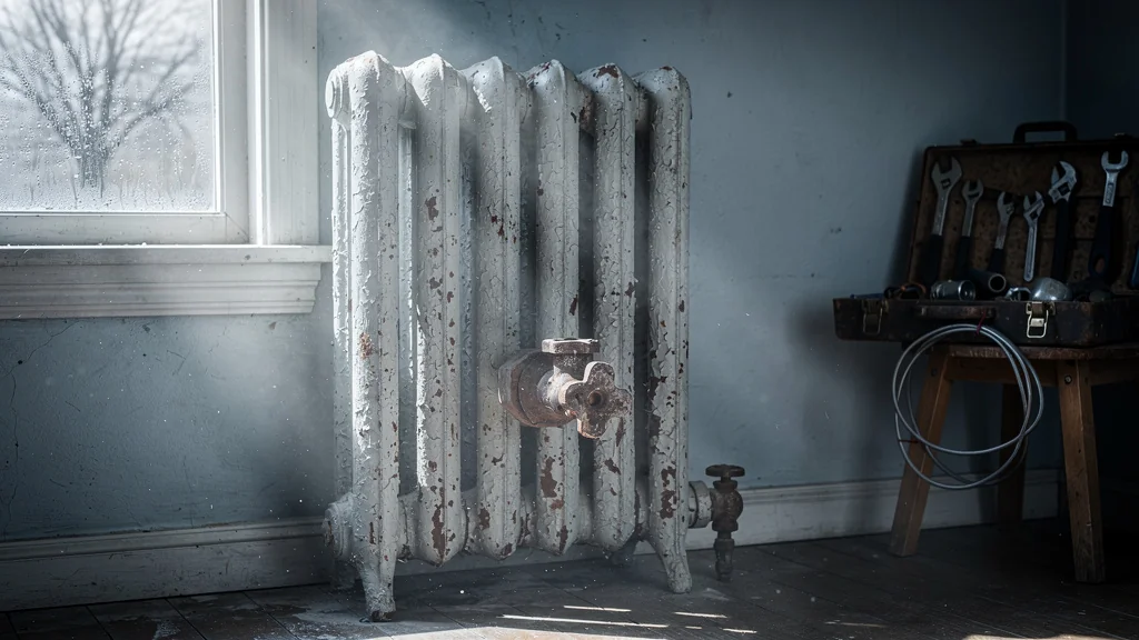 Radiateur ancien négligé après deux hivers sans purge, perte de rendement visible dans un intérieur froid