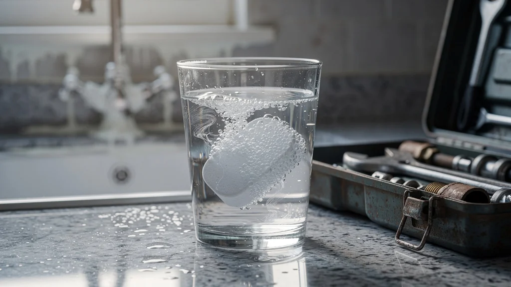 Pastille anti-calcaire dissolvant dans un verre d'eau très dure, reflet naturel dans un évier moderne en granite