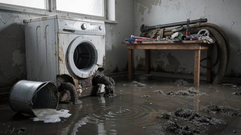 Inondation dans une buanderie causée par un siphon de lave-linge encrassé, dégâts d'eau visibles