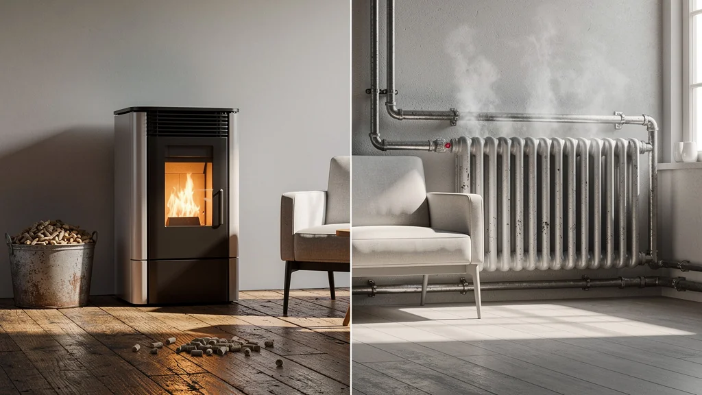 Comparaison hyperréaliste entre un poêle à granulés et un vrai chauffage central dans un salon moderne