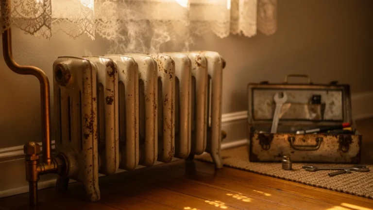 Radiateur ancien chaud après dix minutes de purge, illustrant la restauration du chauffage efficace