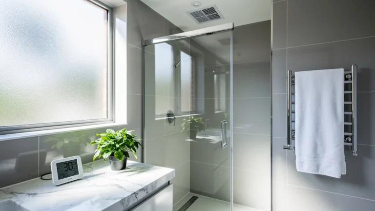 Salle de bain moderne avec VMC rénovée éliminant la buée, ambiance claire et sans condensation