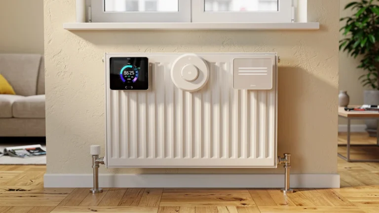 Trois thermostats connectés installés sur un même radiateur dans un salon moderne lumineux