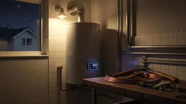 Intérieur réaliste d’une chaufferie montrant un chauffe-eau réglé trop bas la nuit, ambiance nocturne