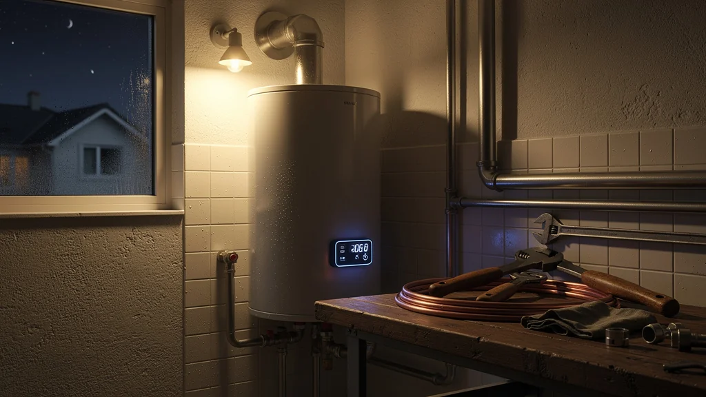 Intérieur réaliste d’une chaufferie montrant un chauffe-eau réglé trop bas la nuit, ambiance nocturne