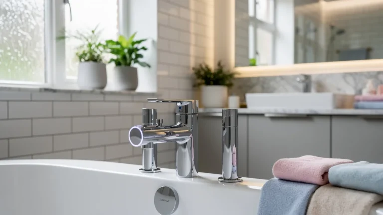 Mitigeur thermostatique moderne et chromé dans une salle de bain familiale lumineuse et soignée