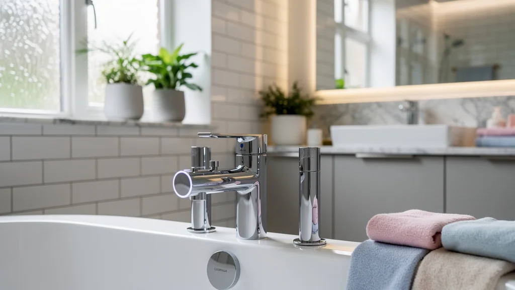 Mitigeur thermostatique moderne et chromé dans une salle de bain familiale lumineuse et soignée