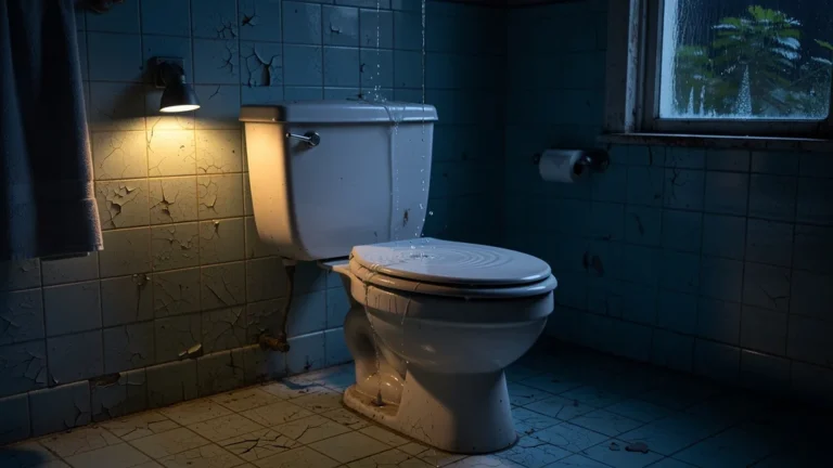 Fuite silencieuse d'une chasse d'eau la nuit augmentant la facture d'eau dans une salle de bain réaliste